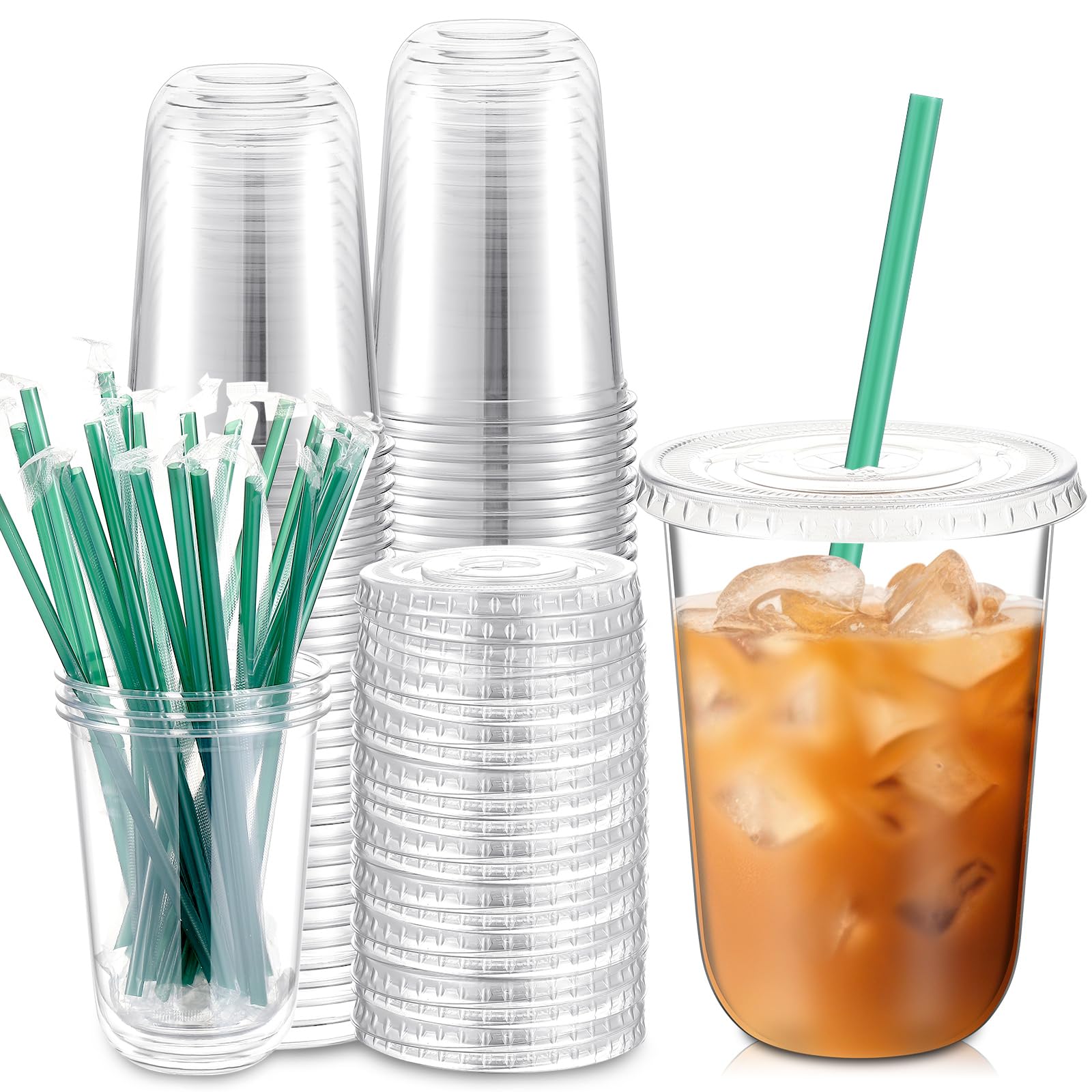 Photo 1 of Baderke 25 Set Plastic Cups with Lids and Straws, Disposable Plastic Iced Coffee Cup for Cold Beverage Juice Smoothie Crystal for Coffee Shops Party Catering(Clear,16 oz)