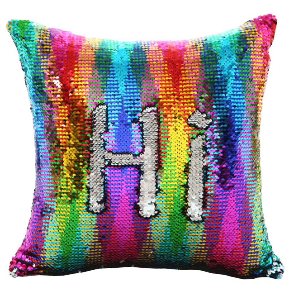 URSKYTOUS Reversible Sequin Pillow Case Decorative Mermaid Pillow Cover Color Changing Cushion Throw Pillowcase 16” x 16”,Rainbow and Silver