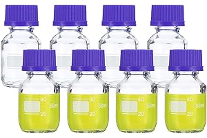 PATIKIL 8 Pack Reagent Media Storage Bottles, 50ml Borosilicate Glass Graduated Round Bottles with GL32 Blue Screw Cap for Lab Water Reagent Liquids, Clear