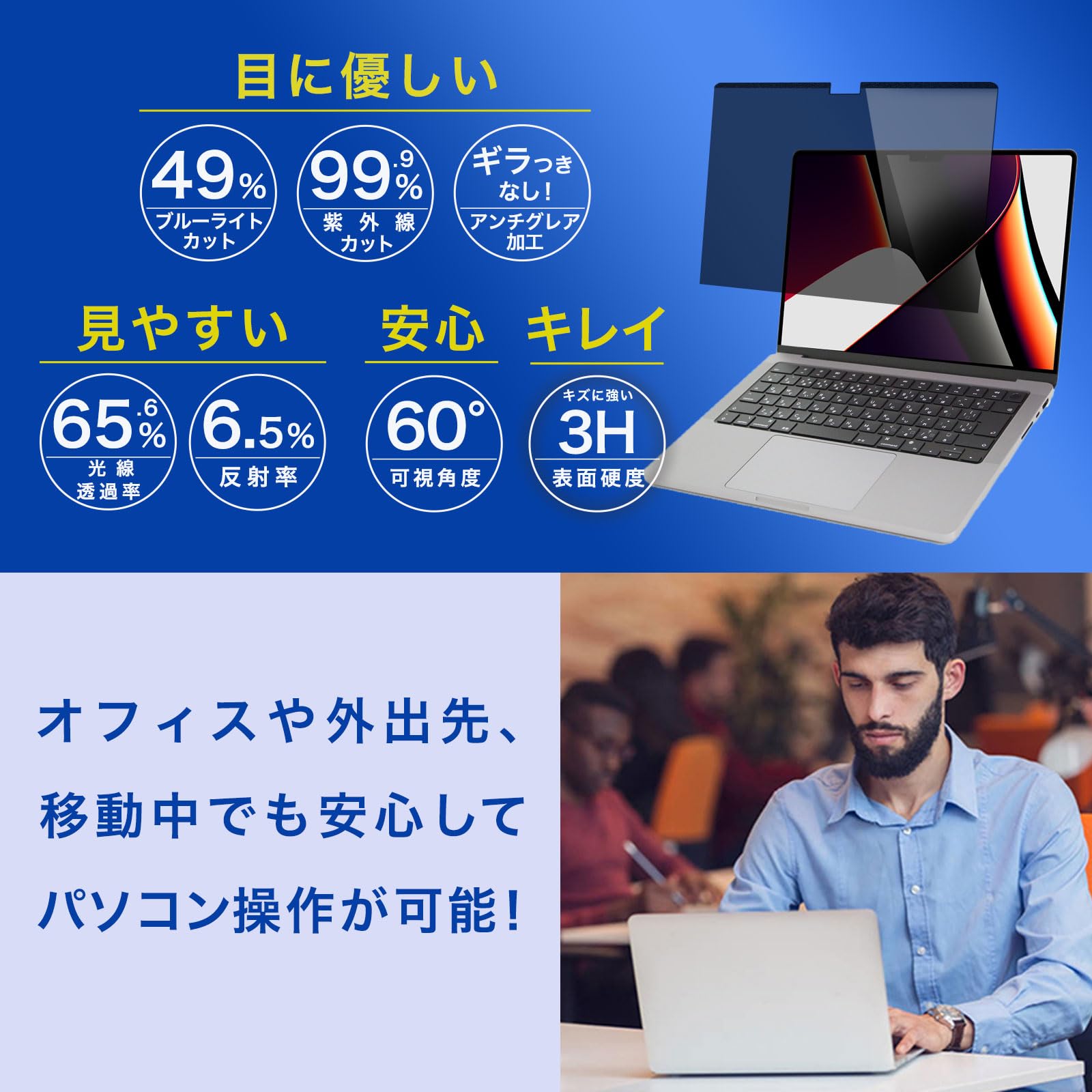 MacBook Pro 14インチ (2024/2023/2021年モデル)用 マグネット式 プライバシーフィルター のぞき見防止 フィルム 反射防止 ブルーライトカット 傷防止 両面使用
