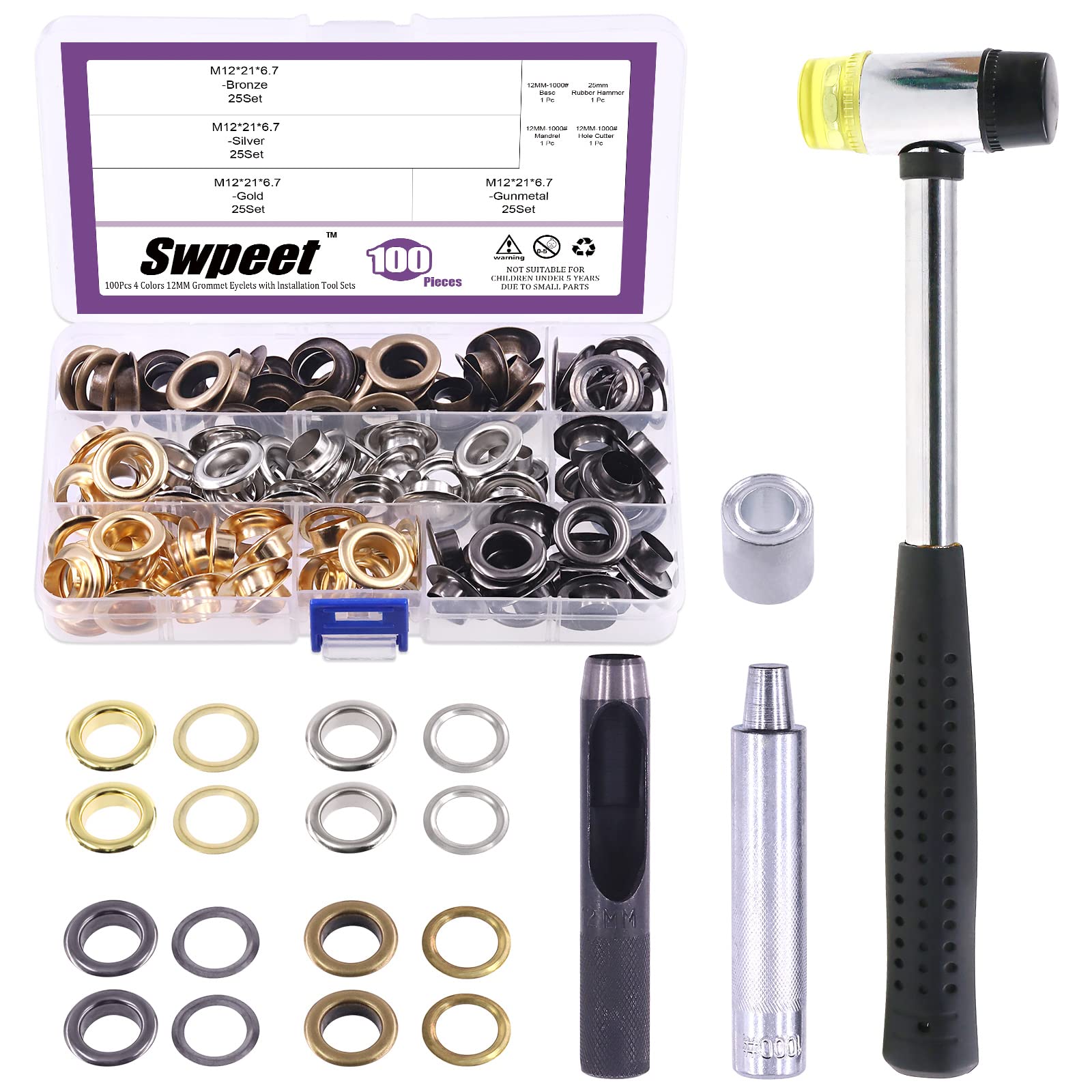 Swpeet 80 pieces – 40 perforated eyelets of 12mm, 4 thick colors, metal eyelets, eyelets and 3 setting tools, soft rubber mallet for canvas repair, leather