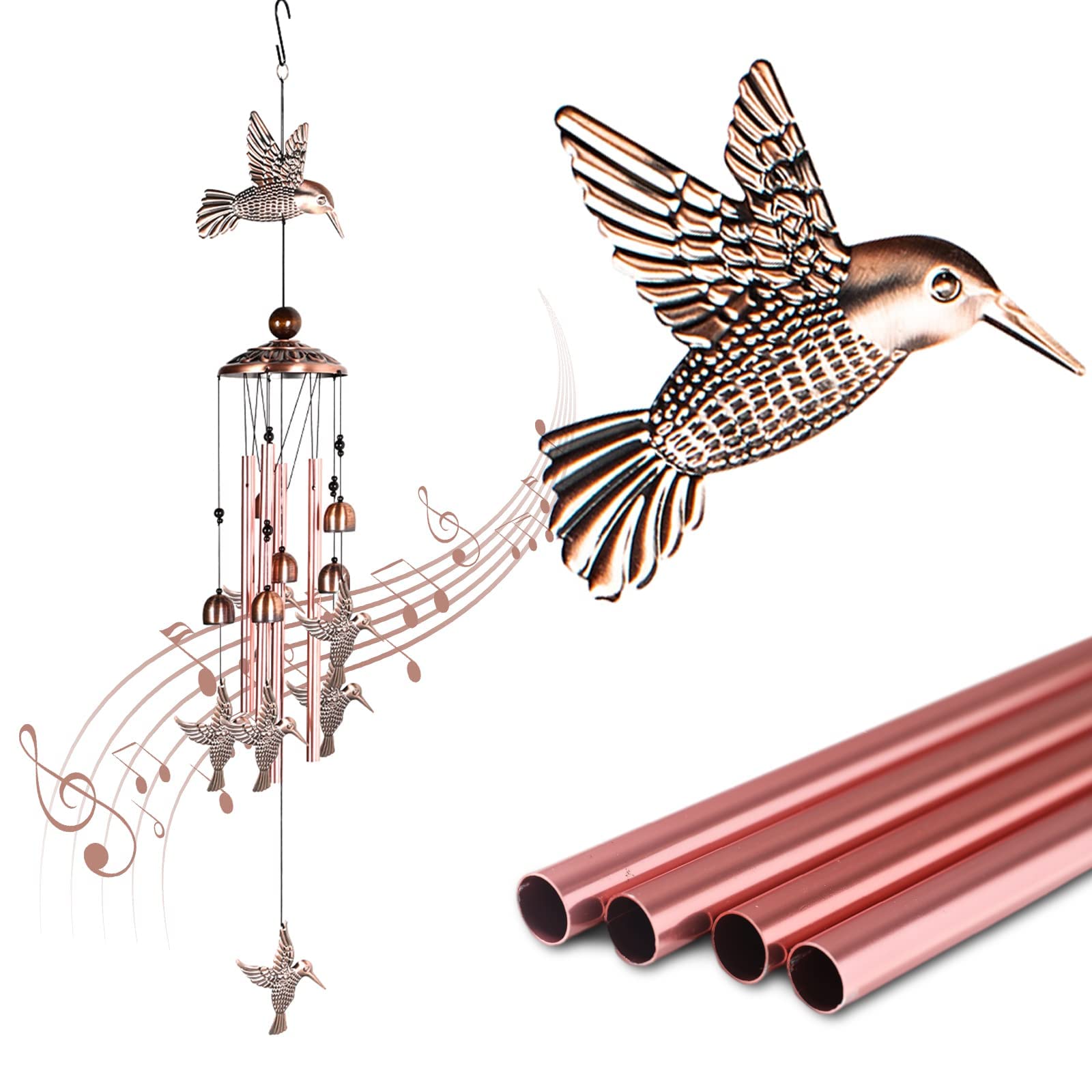 Wind Chimes Outdoor Clearance, 4 Aluminum Tube Hummingbird Wind Chime with S Hook,Patio Garden Decor, Housewarming Gift (Hummingbird)