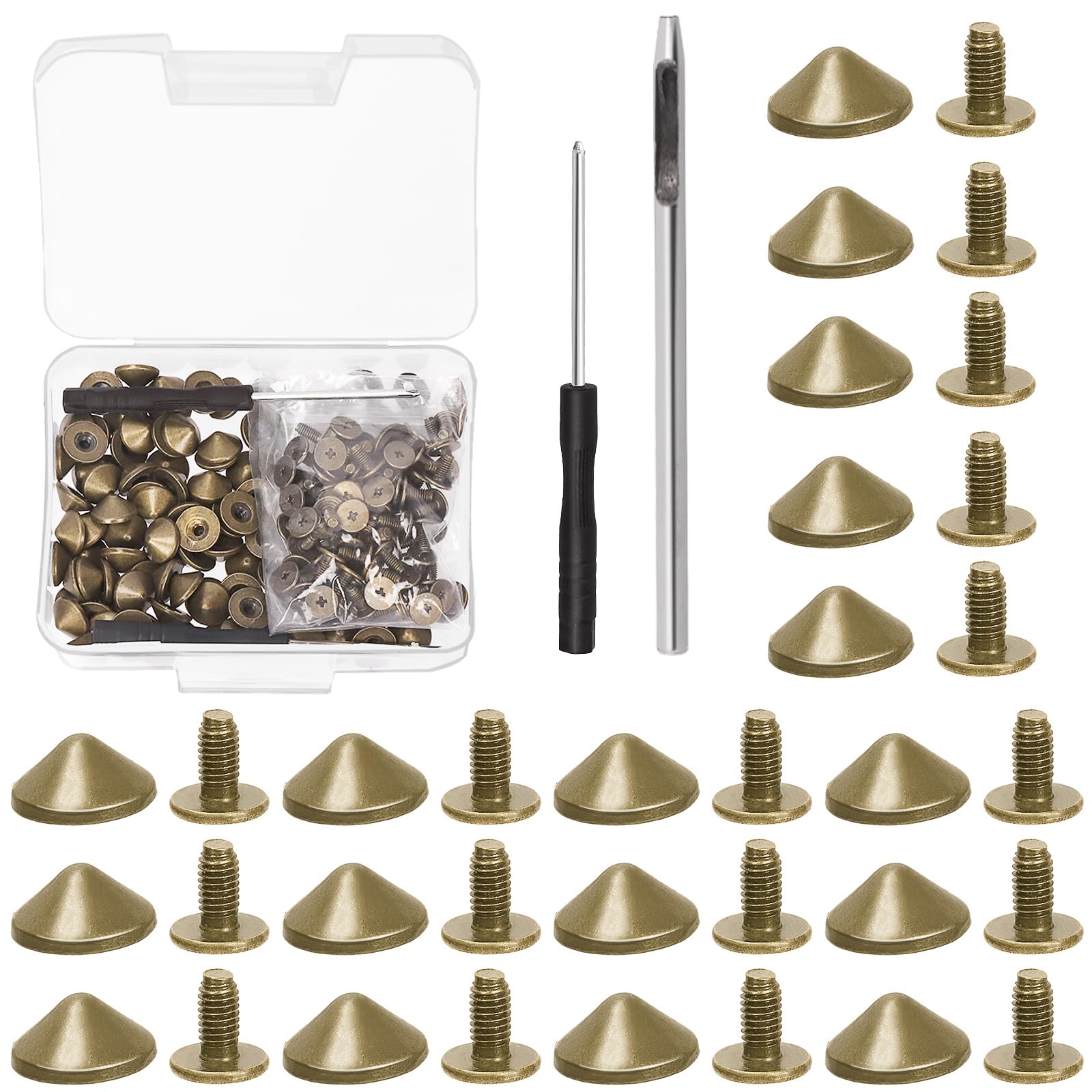 Mardatt 100 Sets 10mm Bronze Cone Spikes and Studs with Hole Puncher and Screwdriver, 4.7mm Height Bullet Spike Cone Studs Screw Back Punk Studs and Spikes for DIY Leather Craft