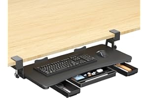 suptek Under Desk Keyboard Tray with Storage Drawer – 26.7" x 11.8" Large Workspace, Heavy-Duty C-Clamp Mount, Adjustable Hei