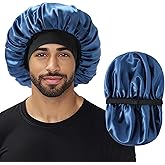 Bonnet for Men, Double Layer Hair Bonnet for Sleeping, Adjustable Balck Bonnet with Elastic Band, Silk Satin Bonnets for Curly Hair Braids(1Pcs,Blue)