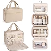 Hanke Hanging Travel Toiletry Bag for Women with Jewelry Organizer Compartment, Travel Essentials Toiletries and Makeup Bag, Water-Resistant & Stain-Resistant with Trolley Strap (Apricot)