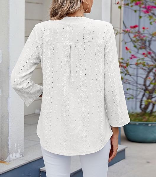 PERZEAL WOMENS SEXY V NECK CASUAL HOLLOW OUT EYELET EMBROIDERED BLOUSES SHIRTS BEACH COVER UP TOPS DRESSY WHITE LARGE