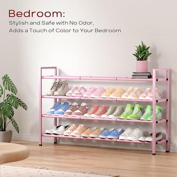 BUMUSTY 4-TIER LONG EXPANDABLE SHOE RACK FOR CLOSET, 18″-44″ ADJUSTABLE SHOE RACK FOR ENTRYWAY, 20-24PAIRS LARGE SHOE ORGANIZER SHELF STORAGE, STURDY METAL, BLACK