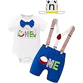 Baby Boys 1st Birthday Outfit Cake Smash Bowtie Romper + Shorts + Suspenders + Hat Clothes Set for Photo Shoot