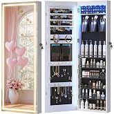 LVSOMT Wall Mounted Jewelry Organizer with Full Length Mirror, 42.5", White | Over the Door Mirror with Storage, Lockable Jewelry Cabinet for Earring Ring Necklace, Large Capacity, Gift for Women