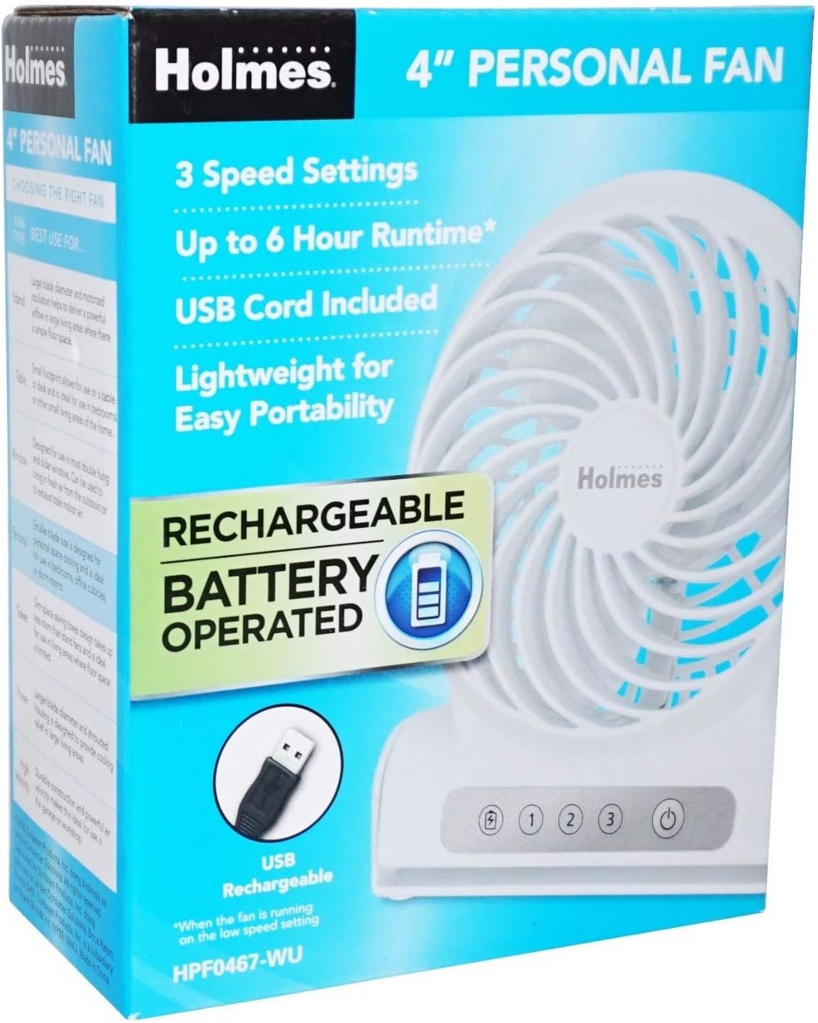 Holmes HPF0467WU 4" Personal Fan Rechargeable Battery Operated - White