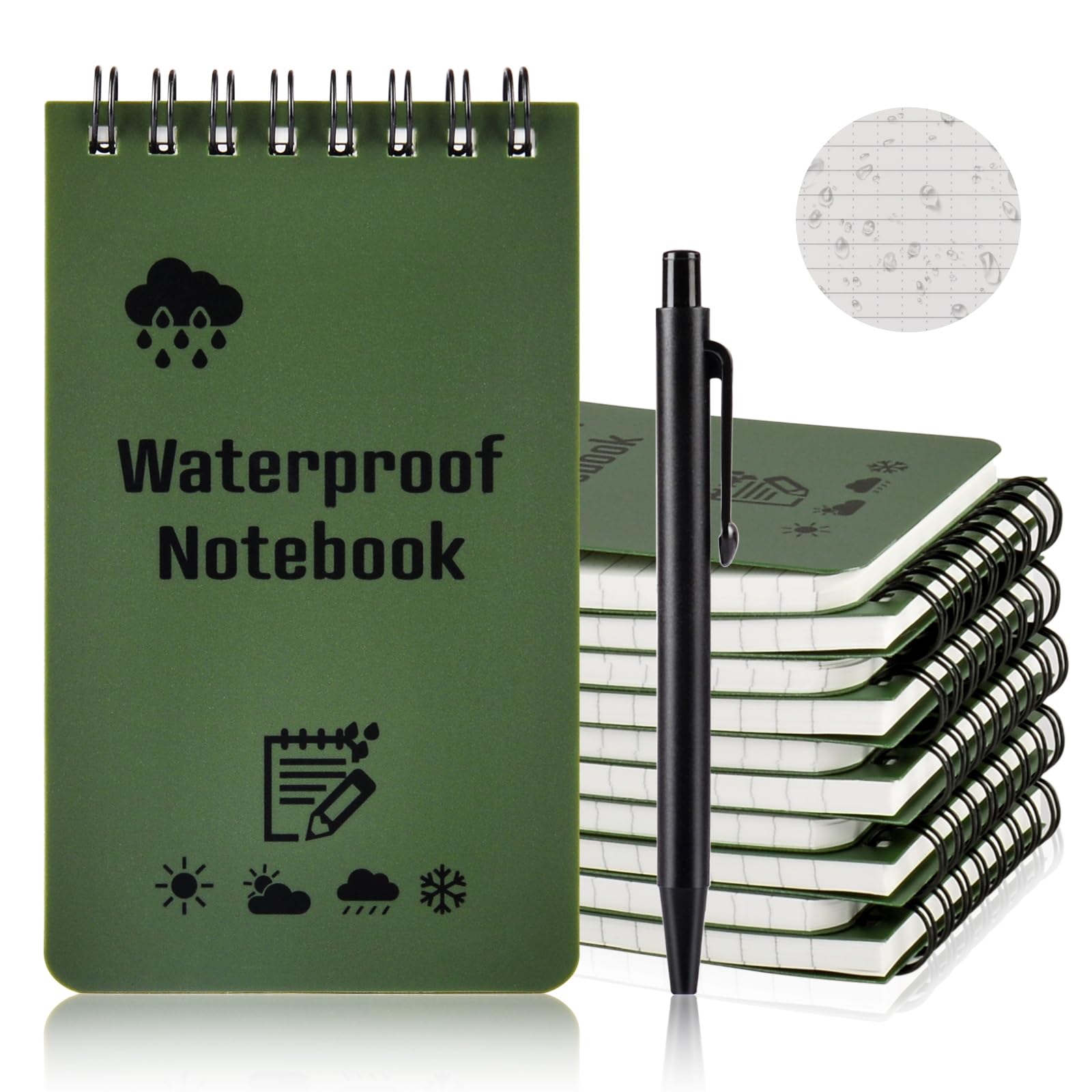 OSDUE Reporter's Spiral Shorthand Notebook,10 Pack with a pen,100 Pages 50 Sheets 12.7 * 7.6cm, 5x 3inch, Top Spiral Bound Waterproof Paper Wirebound Notebook, Green