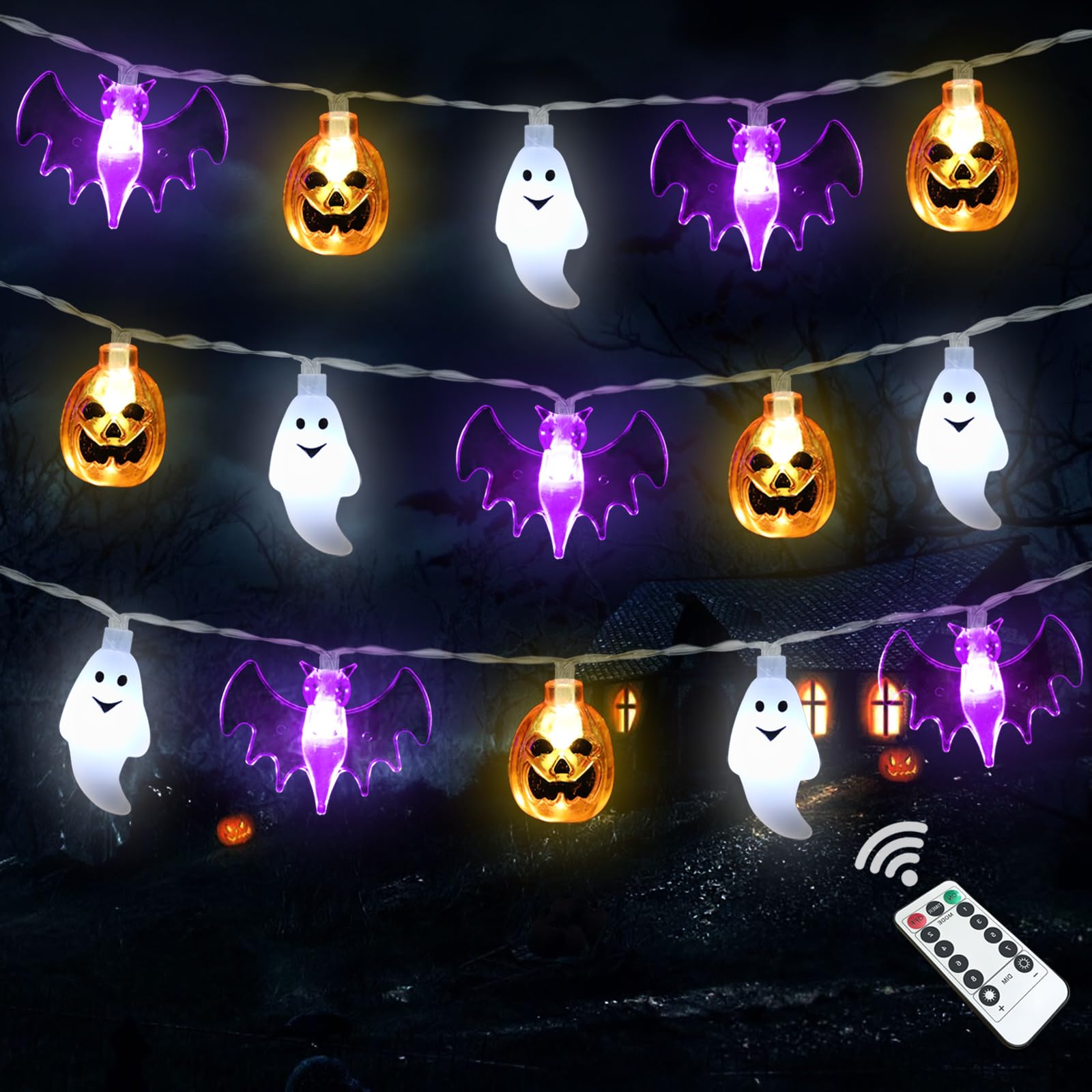 Photo 1 of Halloween Lights Decorations, 16 FT 30 LED Waterproof 3D Pumpkin Bat Ghost Battery Operated String Lights with Timer, 8 Lighting Modes Fairy Light for Home Window Indoor Outdoor Halloween Party Decor