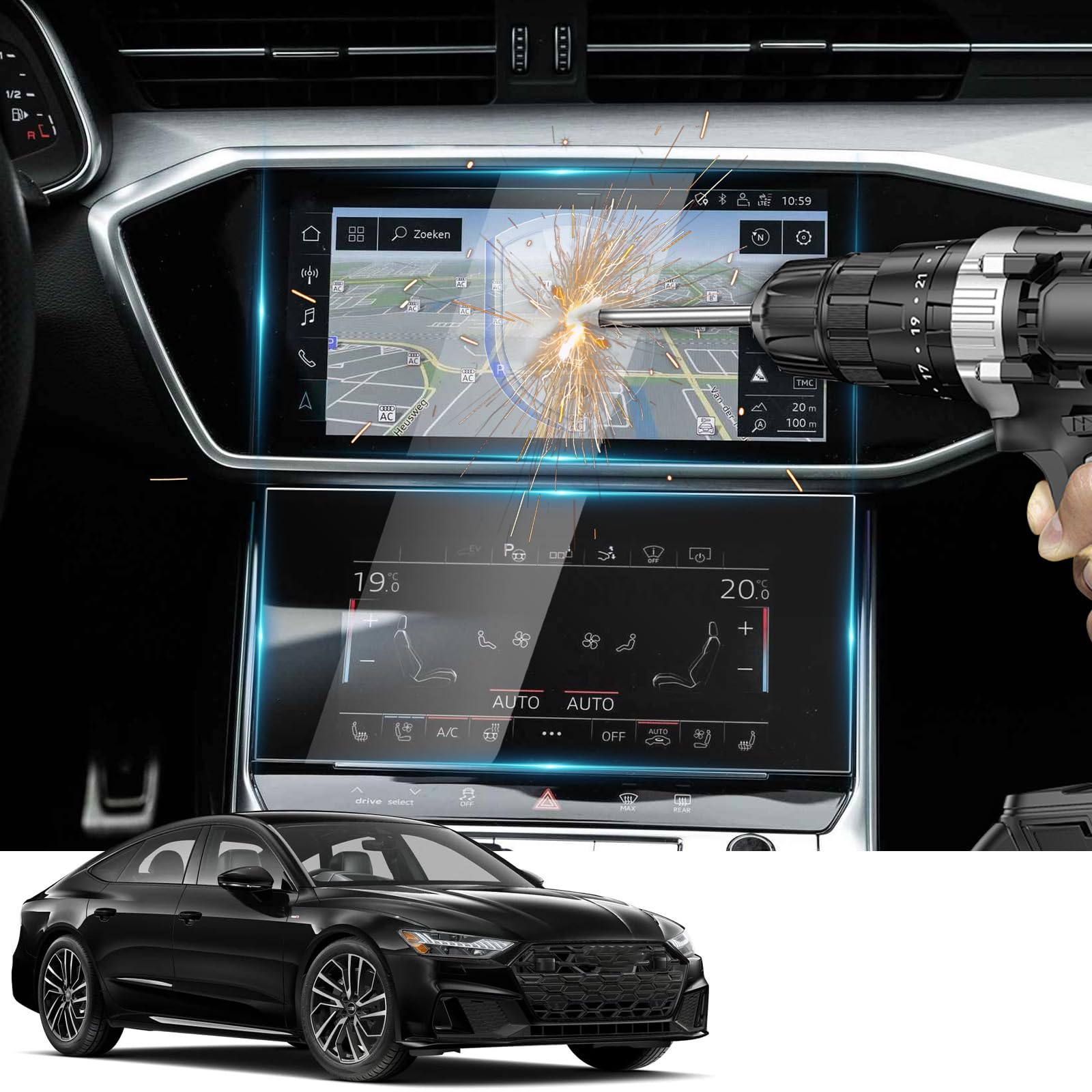 YEE PIN Pack of 2 A6 A7 Screen Protectors Compatible with Audi A6 C8 A7 2019-2022 2023 (10.1 inch + 8.6 inch) Screen Protector GPS Screen Protector 9H Tempered Glass Protection Scratch Resistant