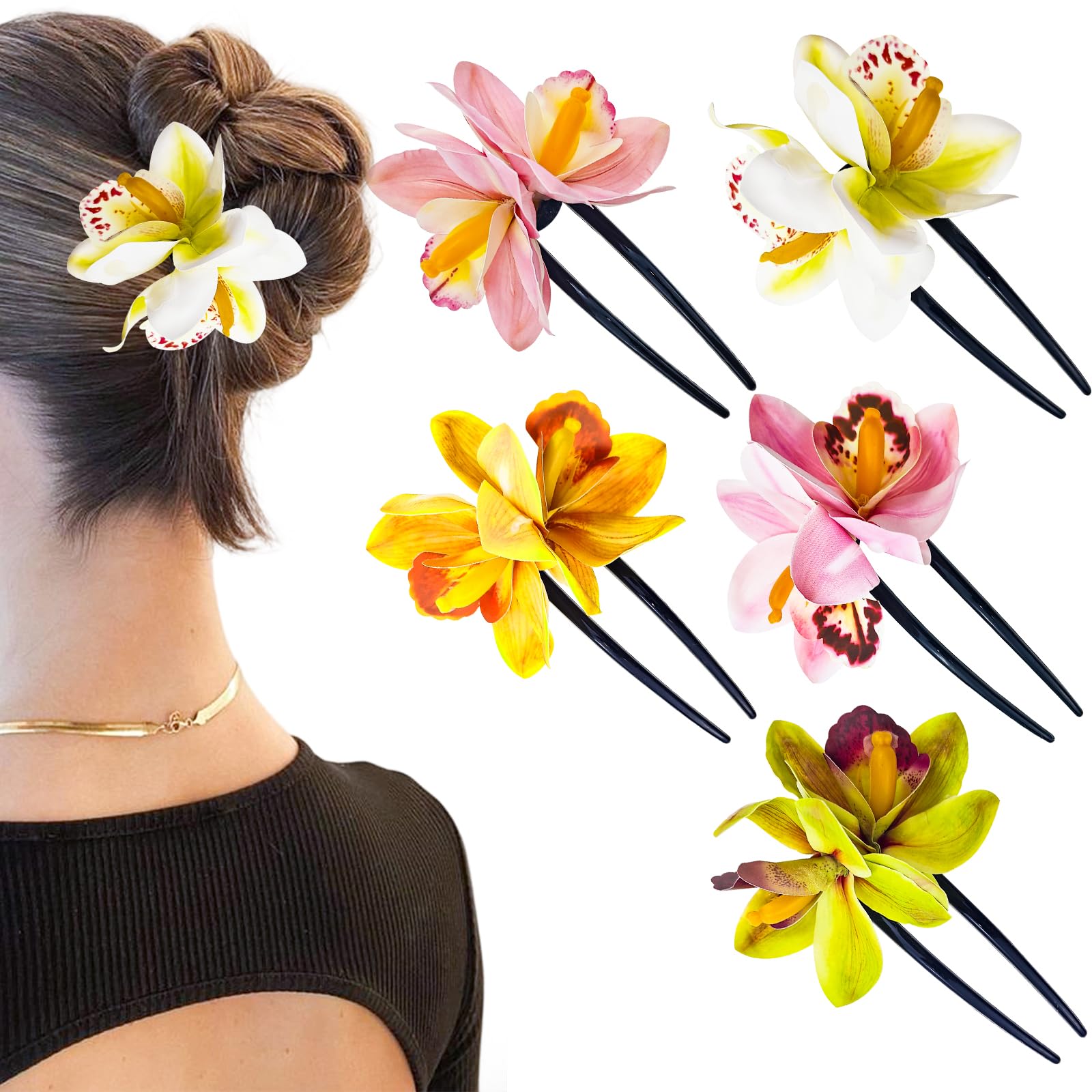 Photo 1 of 5PCS Hawaiian Flower Hair Sticks for Women, Artificial Tropical Flower Hairpins Hair Accessories for Girls Orchid Beach Party Wedding