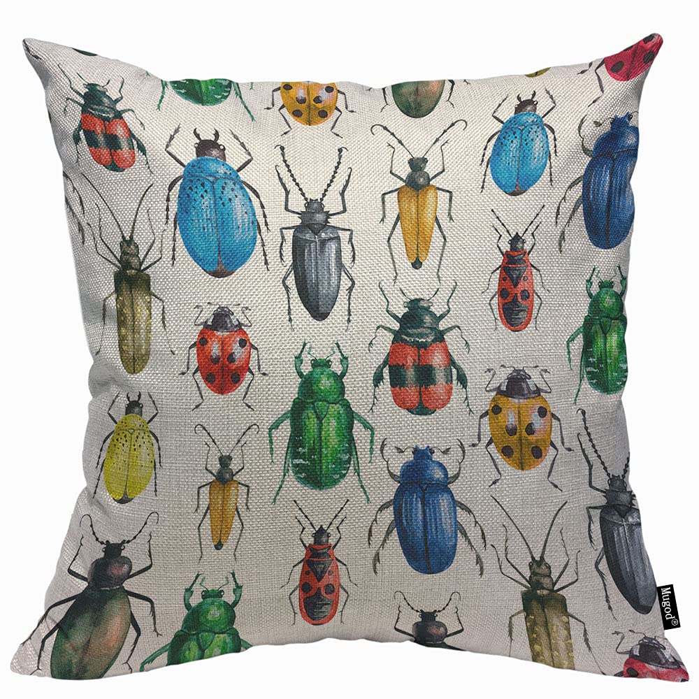 Mugod Beetles Cushion Cover Throw Pillow Covers Colorful Kinds of Insects Pillow Case for Men Women Decorative Home Sofa Chair Couch 45x45cm/18x18 Inch