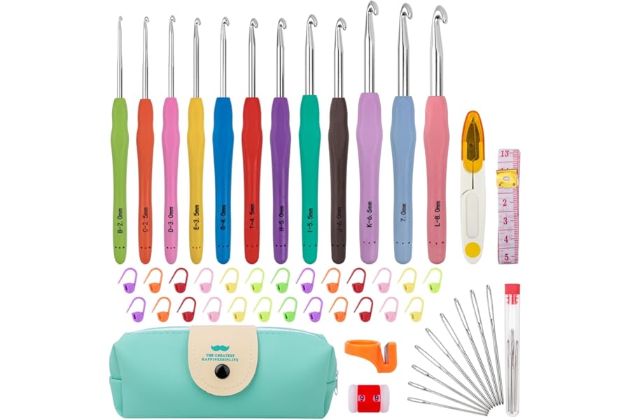 MECHEER Crochet Hooks 12 Sizes Crochet Hook Set, 51 Pack Yarn Crochet Kit for Beginners, Knitting Needles with Ergonomic Handles for Arthritic Hands, Crochet Needle Kit with Blue Case for Crocheters