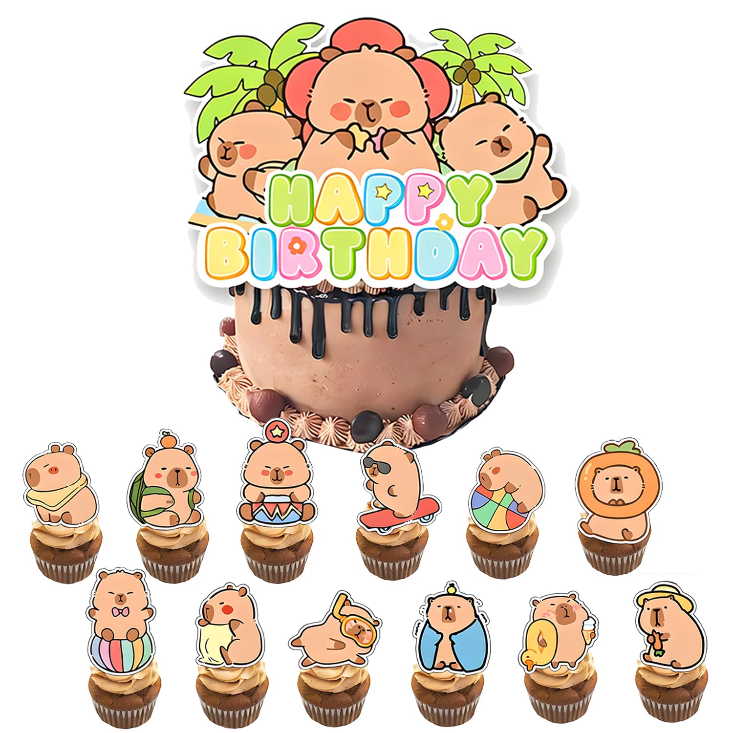 13Pcs Capybara Cake Topper Set, Funny Capybara Cake Decoration, Summer Chill Style Capibara Birthday Party Accessories, Capybaras Themed Cupcake Supplies for Child Ages 1-10