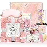 Mothers Day Gifts for Her Women Wife Mom Girlfriend Daughter Relaxing Spa Care Package With Luxury Flannel Blanket, Light-Up Rose Flower - Unique Self Care Gift Basket for Mom, Wife, Friends