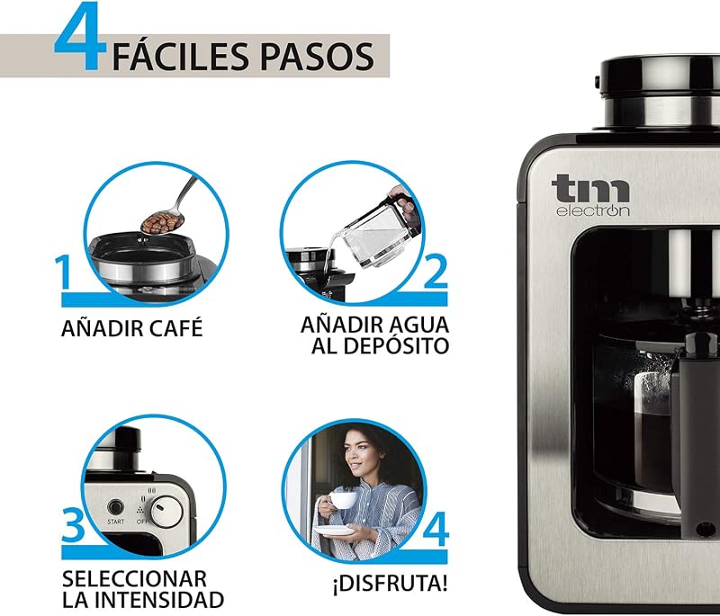 TMPCF020S Mini cafetera de Goteo con Molinillo Grano, 4 Tazas, 600W y Filtro Lavable Compatible con café molido, 600 W, 6 Cups, Acero Inoxidable, Plata — foto 3 de 7