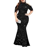 ZOMVA Plus Size Sparkly Halter Neck Dress Chiffon Cape Sleeve Bodycon Mermaid Maxi Evening Gown Cocktail Party Formal