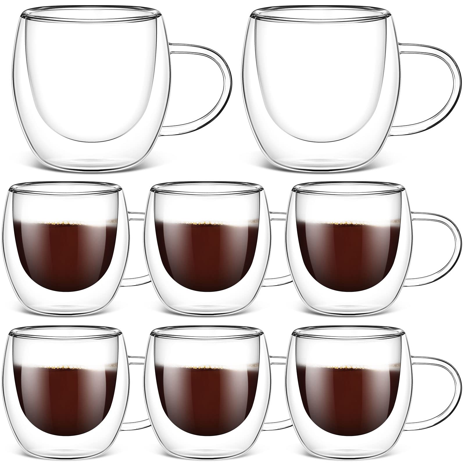 Photo 1 of Didaey 8 Pack 8 oz Glass Coffee Mugs Clear Insulated Glass Espresso Coffee Cups with Handle Cafe Mugs Set Borosilicate Glassware Cups for Tea Latte Hot Iced Beverages