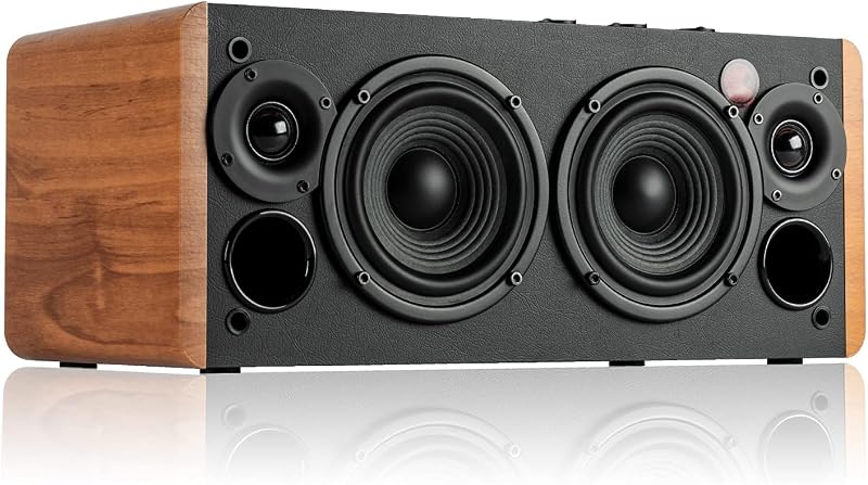 D12 - Haut-Parleur de Bureau Bluetooth stéréo intégré - Haut-Parleur sans Fil pour Ordinateur de Bureau - 70 Watts RMS avec Sortie Ligne subwoofer, Bois