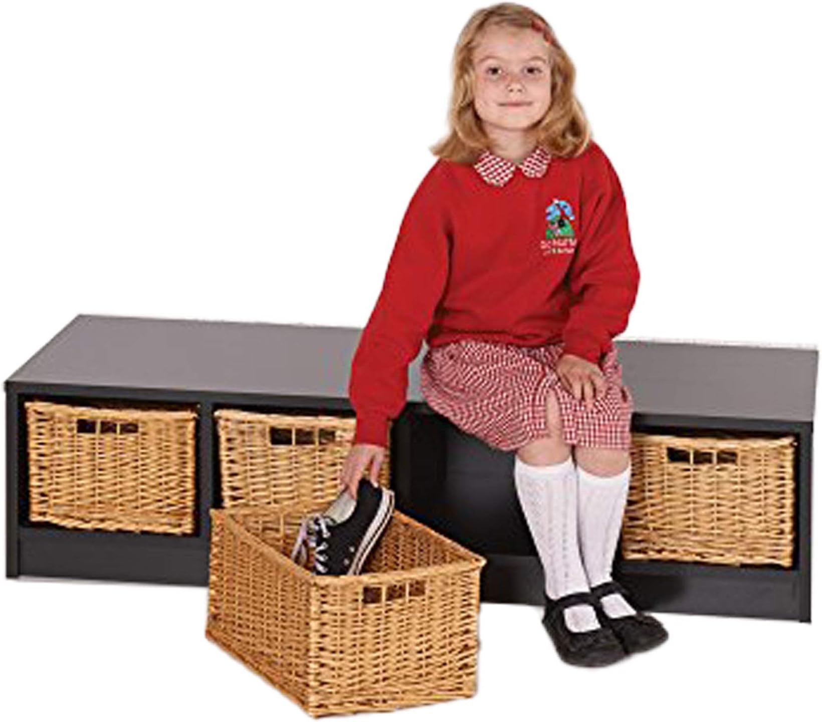 ColourBox EYFS Education Deep Tray Storage Bench Unit/Cloakroom Storage - with 4 Wicker Baskets - Perfect for Shoes, Toys, Books - 10 Colours to Choose from, incl. (Beech)