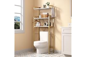 HUHOTE Over The Toilet Storage Rack with 3-Tier Shelves, Space Saver Toilet Shelf, Laundry Organizer with Hooks for Over Toilet Storage and Space Saver (White & Gold)