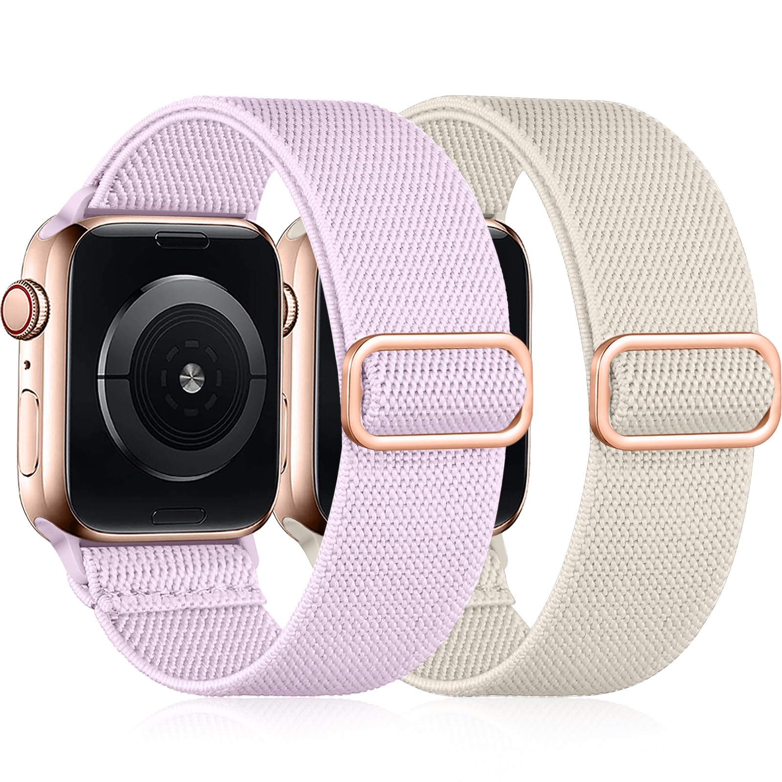 Easuny 2 Pack Elastic Strap Compatible with Apple Watch Strap 38mm 40mm 41mm 42mm, Adjustable Soft Nylon Band for iWatch Series 11 10 9 8 7 6 5 4 3 2 1 SE Ultra for Women Men, Lavender/Starlight