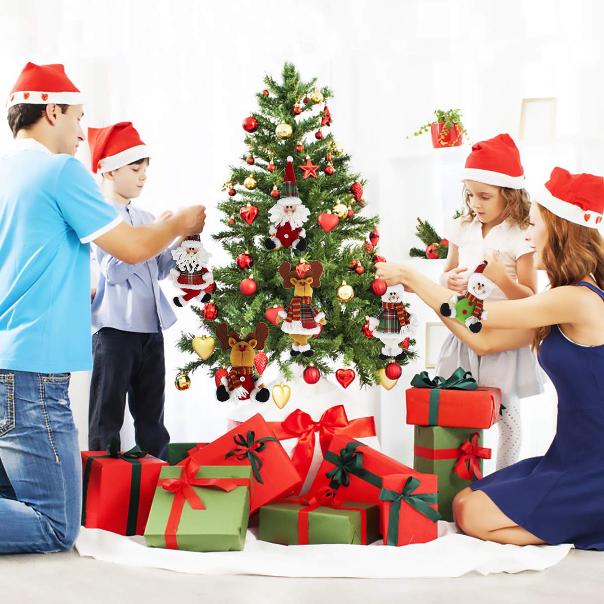 Dreampark Christmas Tree Ornaments, 6 Pack Xmas Plush Hanging Ornaments Holiday Party Decor Festive Season Pendant - Santa/Snowman/Reindeer Ornaments for Christmas Tree Decorations