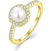 STARCHENIE Freshwater Pearl Ring 925 Sterling Silver 6mm White Pearl Rings Gold Plated Wedding Engagement Jewelry Gift for Women Size 5-10