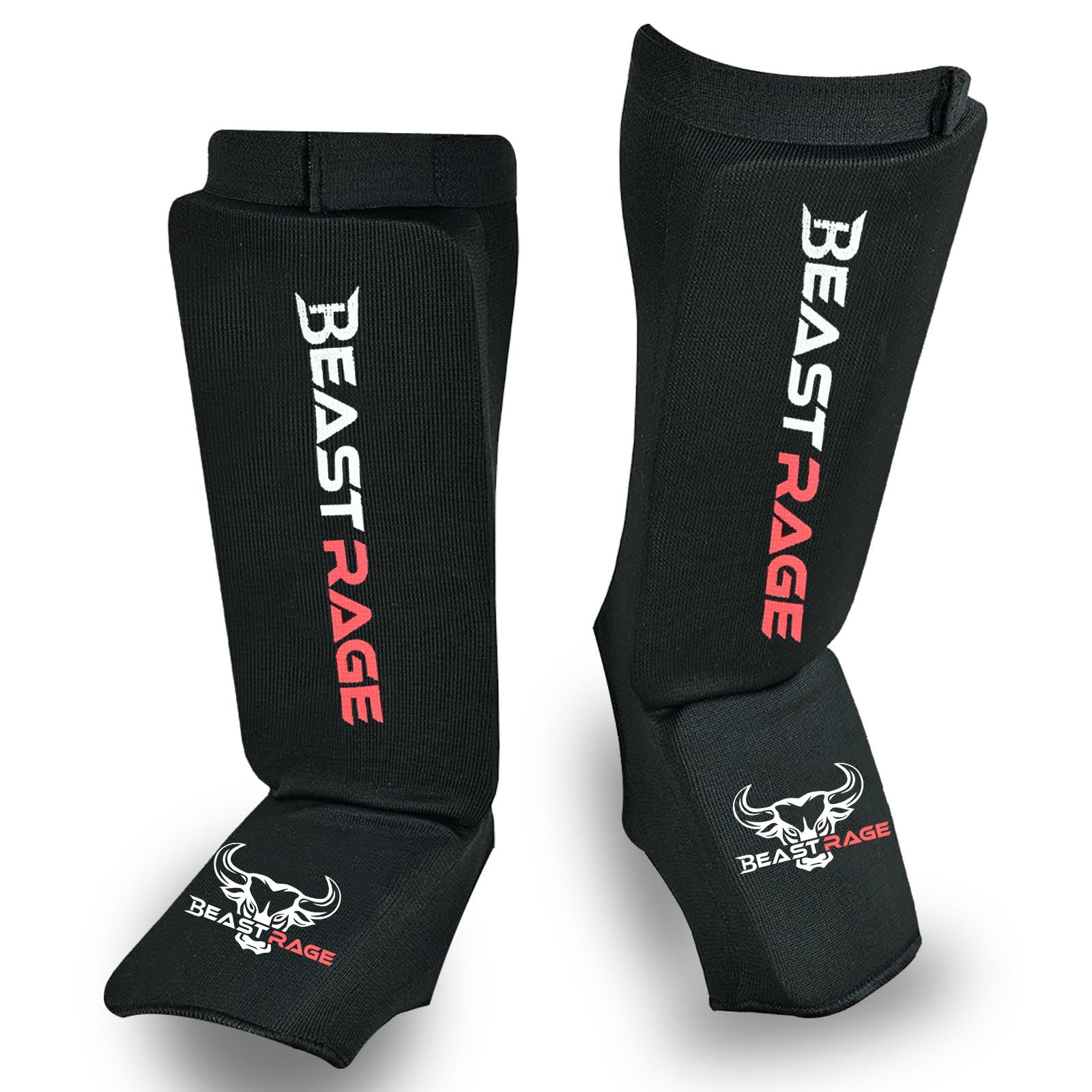 BEAST RAGE Shin Guards for Muay Thai, Kickboxing, MMA, Taekwondo, Boxing, Martial Arts, Elasticated Sock Padded Leg Instep Protection Pads, Shin Pads, Sparring Training, Karate BJJ (XL, BLACK RED)