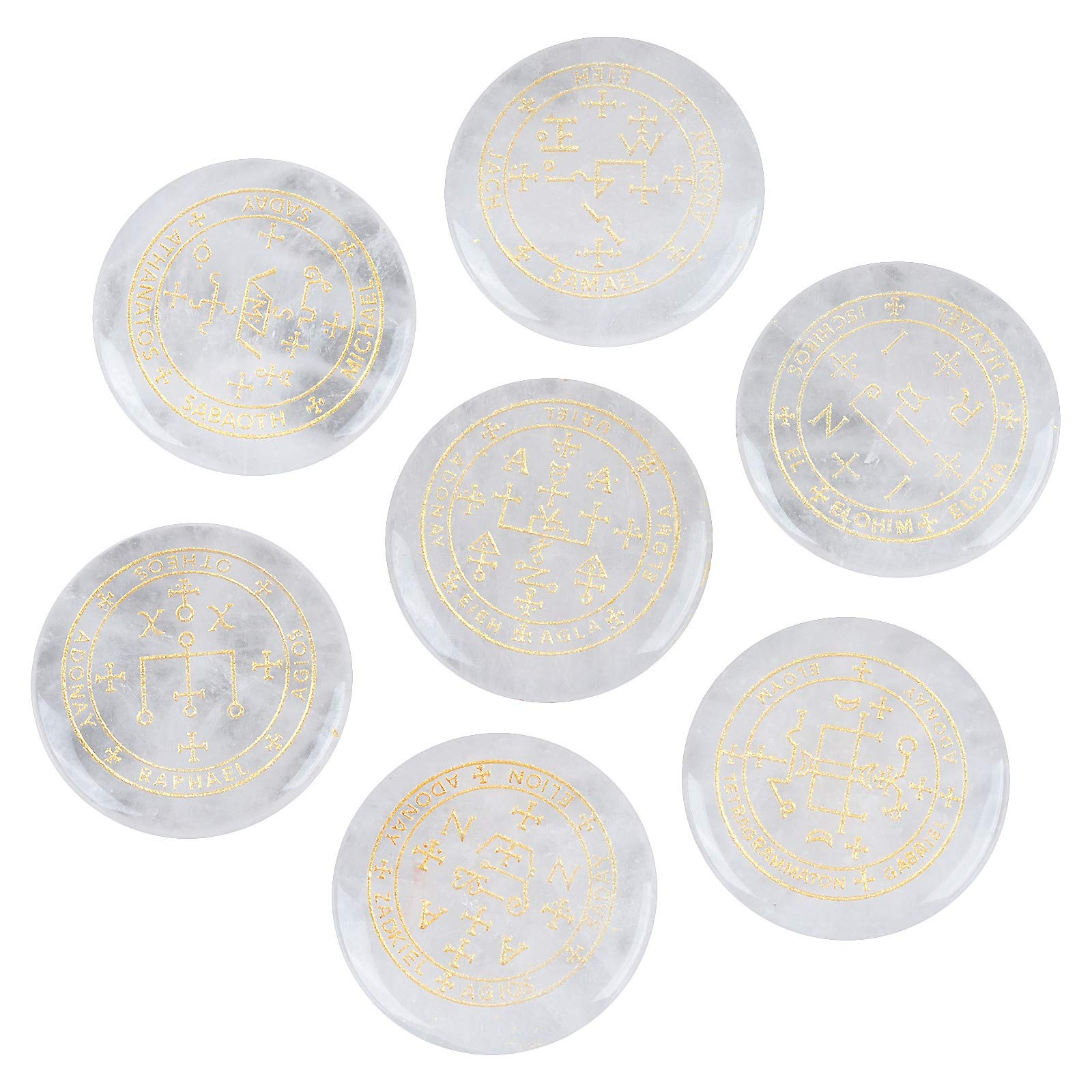 mookaitedecor 7 Piece Rock Quartz Stones with Engraved Magic Archangel Symbol Polished Palm Stone for Reiki Crystal Healing