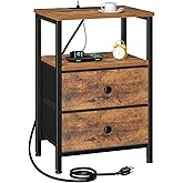 LOAKEKEL Nightstand with Charging Station, End Table with 2 Fabric Drawers, Night Stand for Bedroom, Small Bed Side Table with USB Ports and Outlets for Living Room, Brown, HETS020BR-1