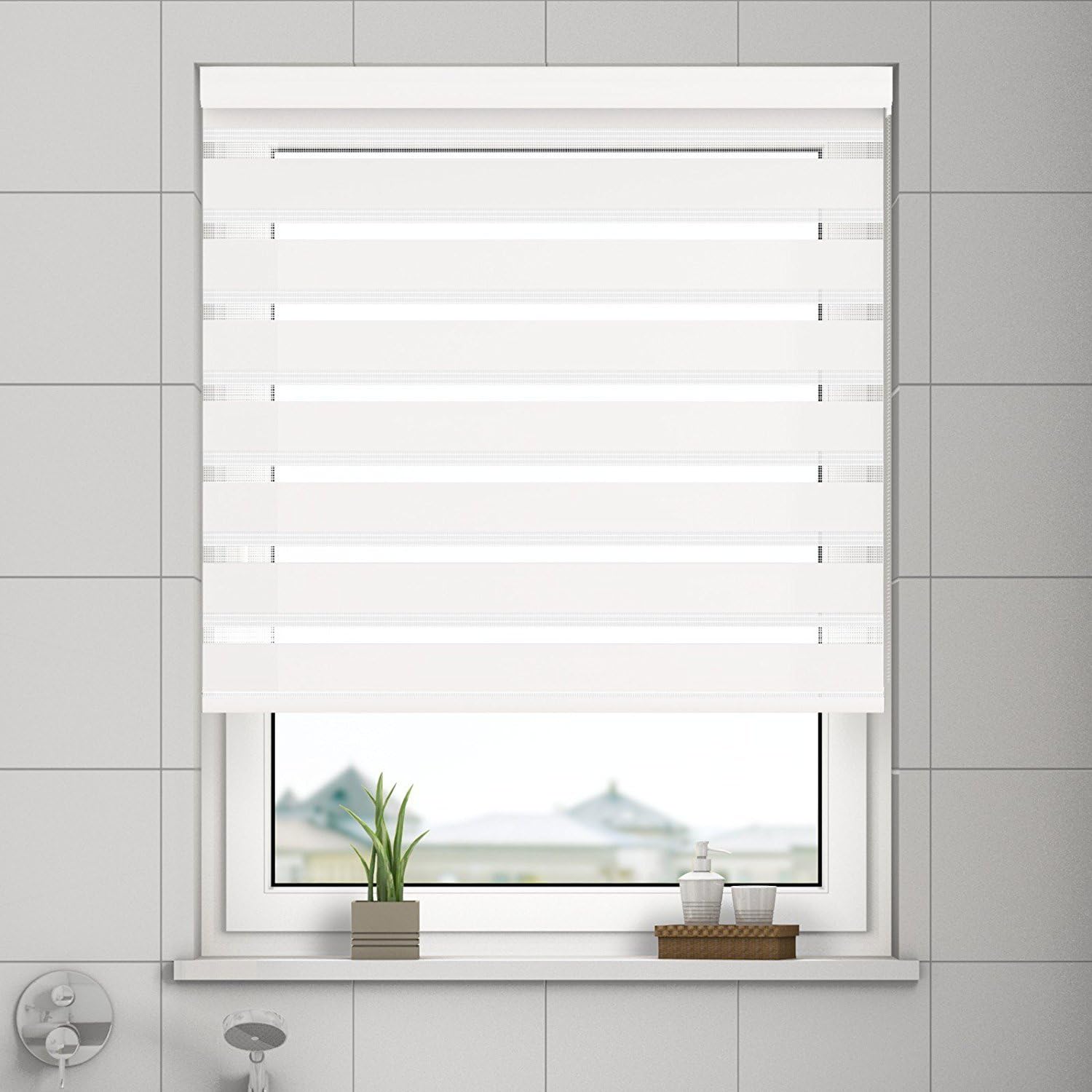 KINLO Zebra Double Roller Blinds 60 x 150cm Day and Night Blinds with Beaded Chain Double Layer Adjustable Curtains Easy Fix without Drilling for Window - White