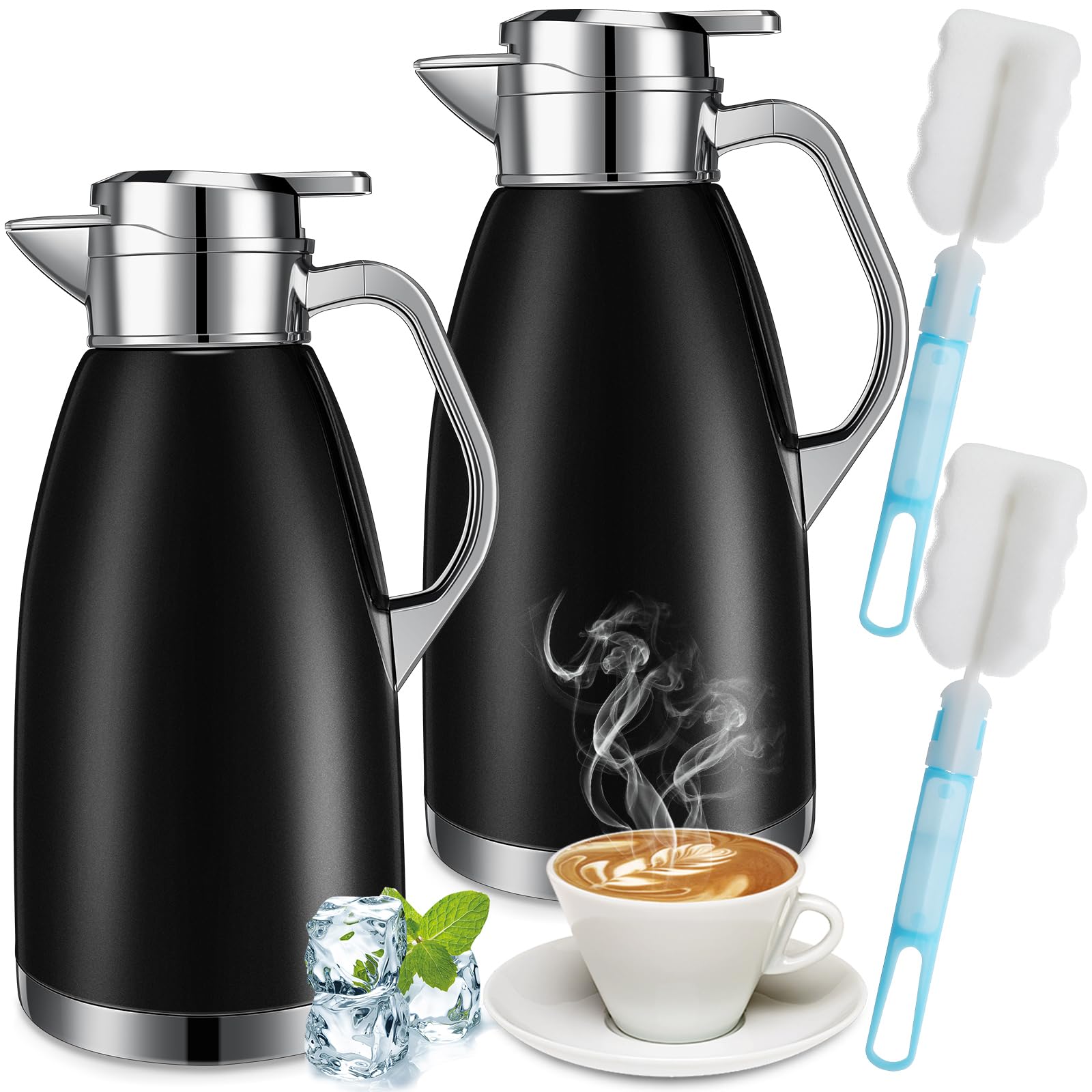 Photo 1 of Tioncy 2 Pcs Thermal Coffee 78oz Insulated Carafe Hot Water Dispenser Stainless Steel Carafe for Hot Liquid Coffee Tea Milk with 2 Brushes Keep 12 Hours Hot 24 Hours Cold(Black)
