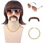 morvally 5pcs Set 70s 80s Disco Wig with Mustache Glasses and Chain | Short Brown Mens Mullet Wig for 60s Singer Rocker Hippies Costume Cosplay Halloween Party