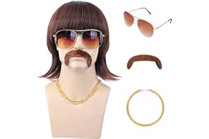 morvally 5pcs Set 70s 80s Disco Wig with Mustache Glasses and Chain | Short Brown Mens Mullet Wig for 60s Singer Rocker Hippies Costume Cosplay Halloween Party