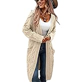 XINWEIZZ Women's Hooded Open Front Long Cardigan Cable Knit Sweaters Side Pocket Oversized Chunky Cardigan Outwear Coat
