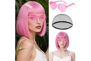 MEEZY Pink Short Bob Wigs Straight Hair with Flat Bangs Heart Shape Sunglasses for Women, Colorful Funny Cosplay Party Neon Wig Synthetic Natural As Real Carnival Halloween Costume