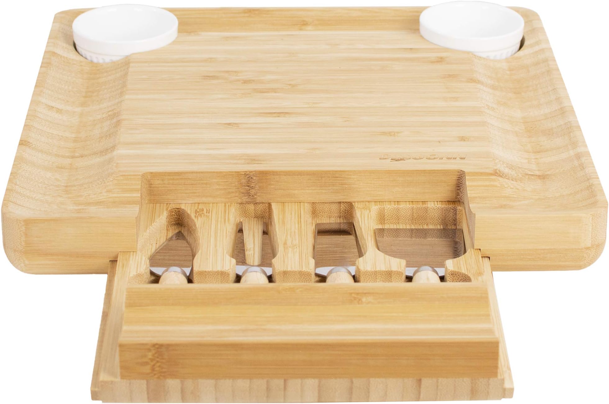 DRAGONN Natural Bamboo Cheese Board & Charcuterie Platter with Two Ramekans for Dips and Hidden Drawer for Cutlery Set, Perfect Gift Idea