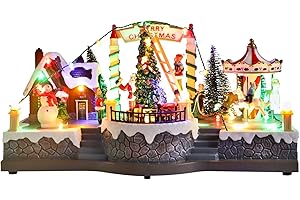 Chonsun Christmas Village House 6.9 Inch Christmas Decorations Moving Train Carousel USB/3AA Batteries Holiday Snowman Music Village Indoor Lighted Figurines for Room Tabletop Decor