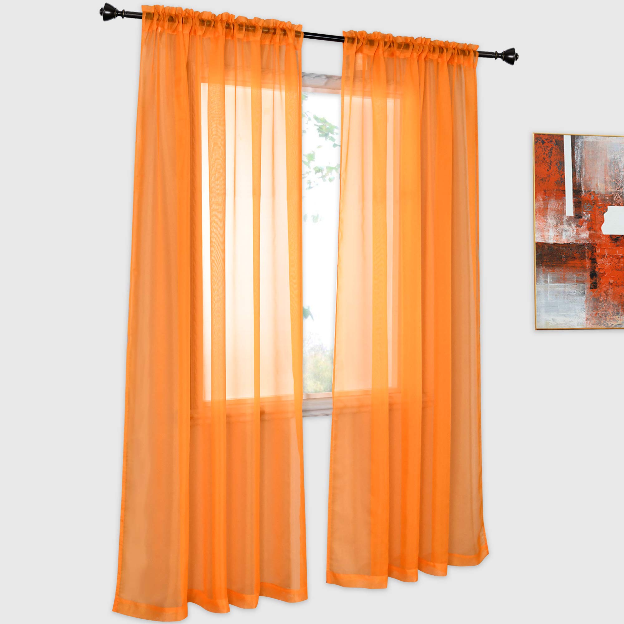 Photo 1 of DONREN 2 Panels Solid Color Orange Sheer Curtains Elegant Rod Pocket Window Voile Panels Drapes for Bedroom Living Room (52X72 Inches)