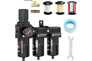 KANBOL 3/8''NPT Triple Stage Filter and Regulator with Pressure Gauge, for air Drying System with 5 and 0.5 and 0.01 Micron Brass Filter Cartridge air Compressor FRL Unit-Black