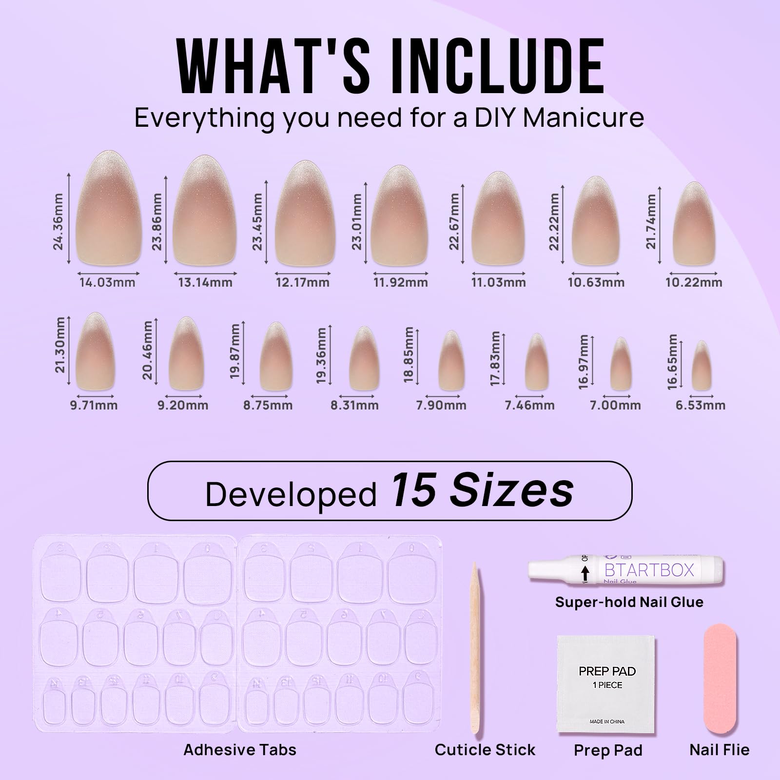 BTArtbox Press On Nails Almond - Spring Cat Eye Press On Nails Medium, French Tip Soft Gel Nails for Daily Nail Art, Fake Nail Extensions In 15 Sizes - 30 Fake Nails Kit - Image 5