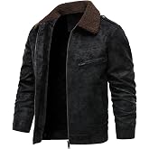 HOOD CREW Mens Faux Leather Jacket Fleece Lined Bomber Jackets | Faux Fur Lining, Vintage Style, Aviator Coat, Windproof &amp; Water-repellent, Multi-Pockets, Winter Warm Outwear