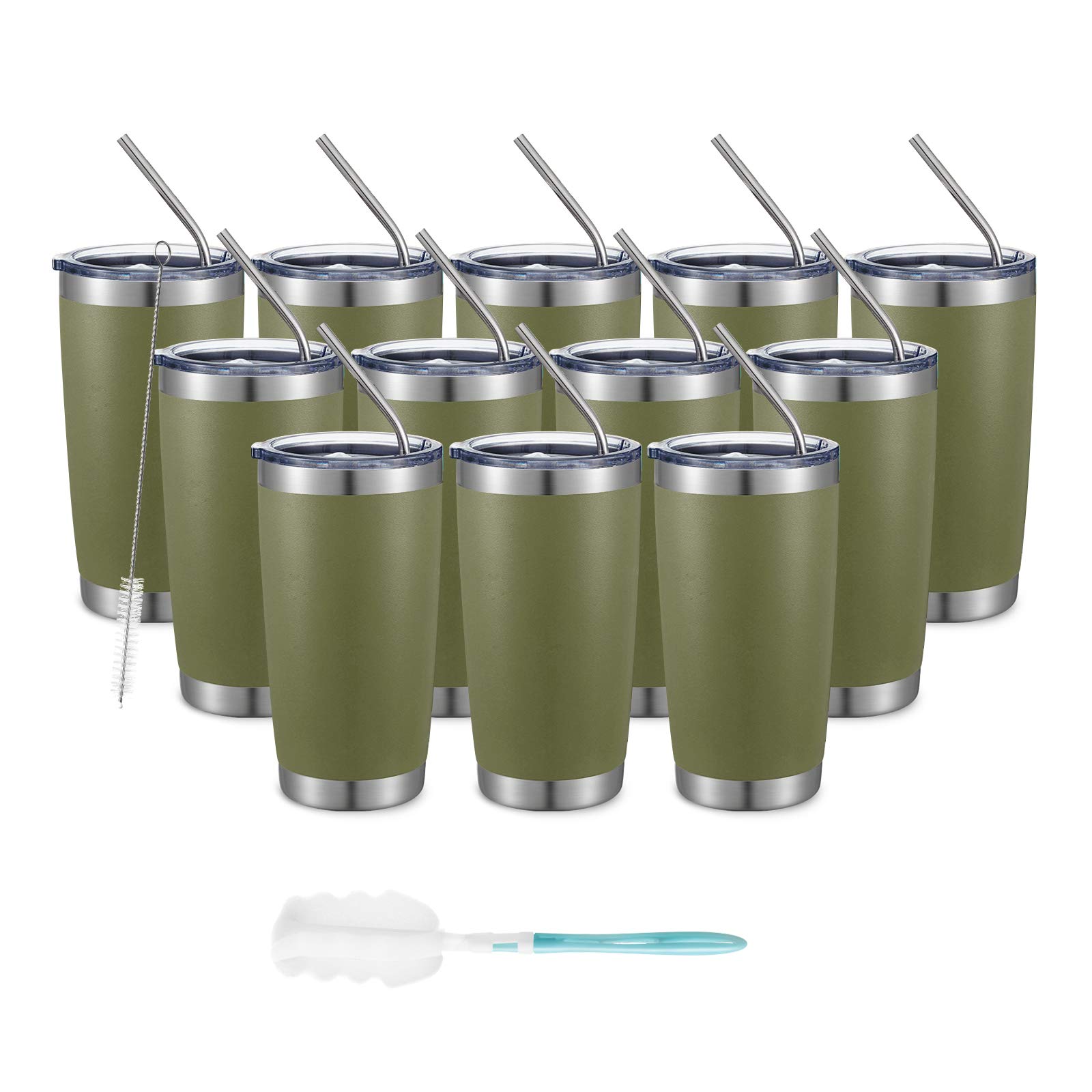 COMOOO 20oz Double Wall Vacuum Insulated Travel Mug, Stainless Steel Tumbler with Lid and Straw Durable Powder Coated Insulated Coffee Cup for Cold & Hot Drinks (army green，12 pack）