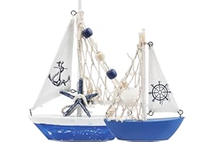Meching Mini Sailboat Model Decoration 2 PCS Wooden Sailing Boat Home Decor Set Nautical Decoration Sailing Boat Ornaments Sailboat Models for Bedroom Office Bathroom Desktop Decoration(Navy Blue)