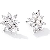 JTV 4.15 CTW Cubic Zirconia Flower Stud Earrings for Women - Rhodium-Plated Sterling Silver - Round-, Square-, & Marquise-Cut Diamond Simulants - Sparkling Gift Jewelry in Elegant Box
